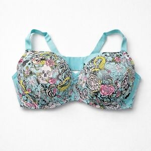 Torrid Curve Plunge 40DD Tatted Up Blue Bra Skulls And Flowers